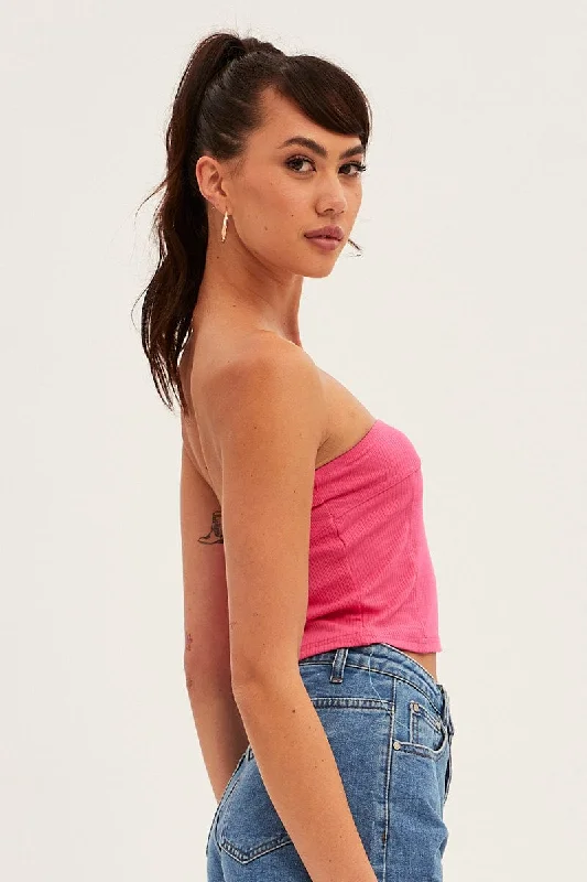 Pink Tube Top Bandeau Panel Detail Rib Strapless