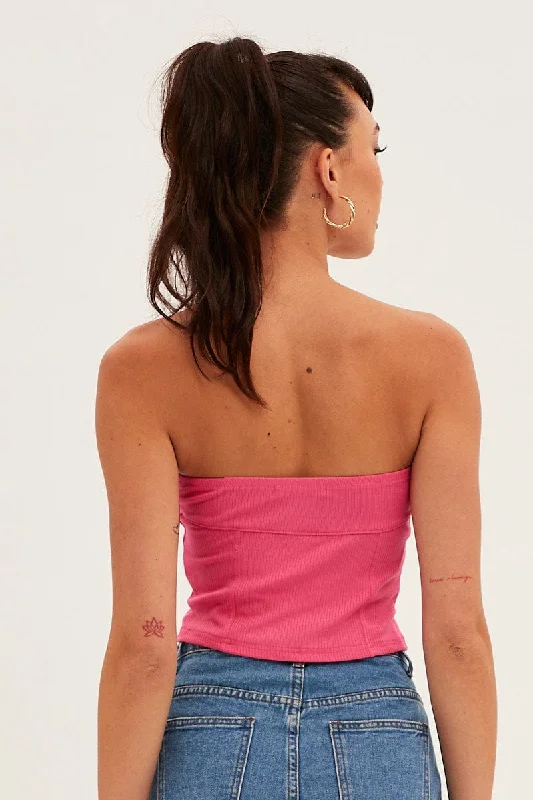 Pink Tube Top Bandeau Panel Detail Rib Strapless