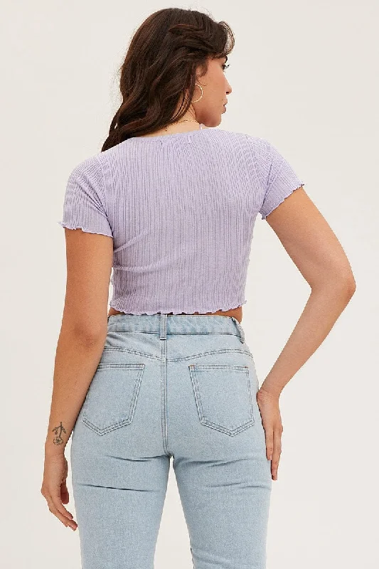 Purple Knit Cardigan Short Sleeve Crop Round Neck