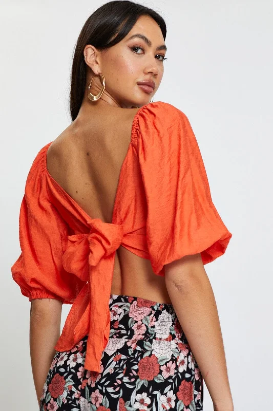 Red Crop Top Short Sleeve Tie Up