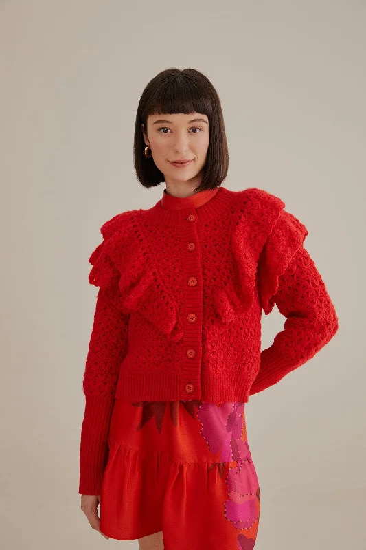 Red Flower Texture Knit Cardigan