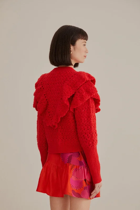 Red Flower Texture Knit Cardigan