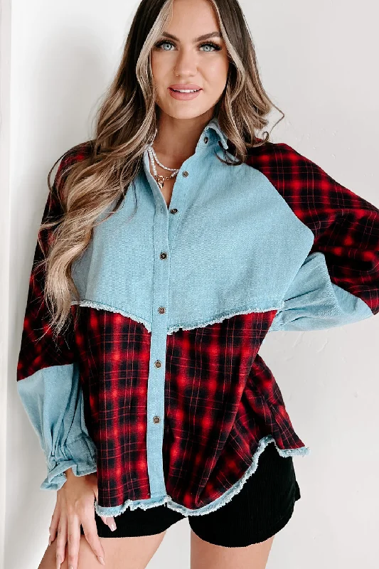 Redeeming Feature Mixes Media Long Sleeve Top (Red/Denim)