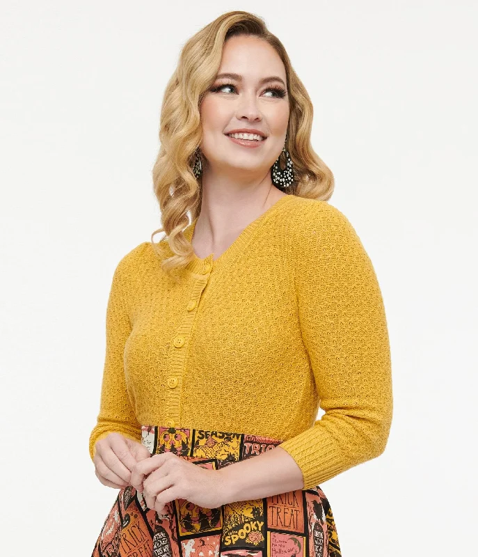 Retro Style Honey Yellow Cotton Crochet Sleeved Button Cardigan