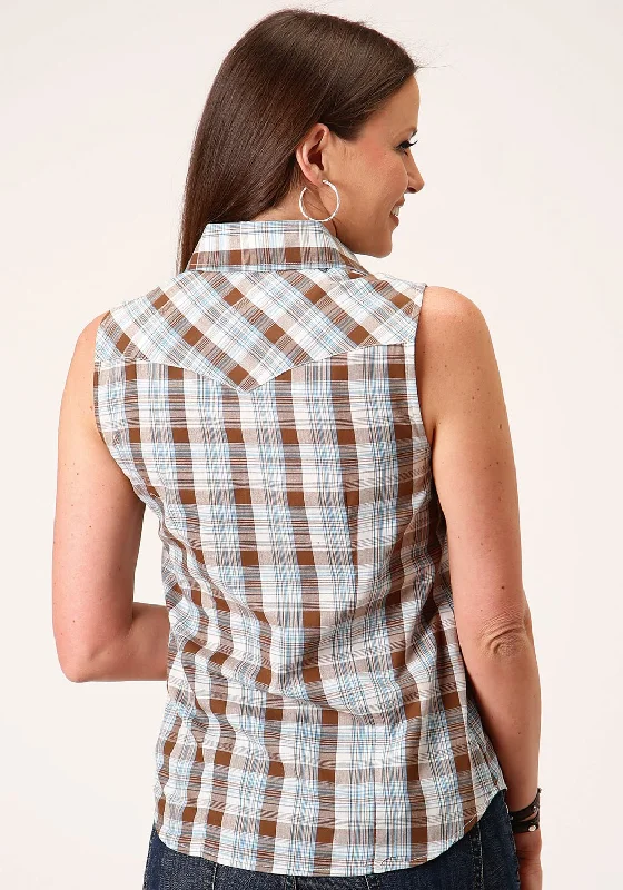 Roper Womens 55/45 Plaid Brown/Blue Cotton Blend S/L Shirt