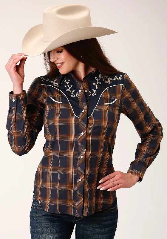 Roper Womens 822 Plaid Navy/Brown Cotton Blend L/S Shirt