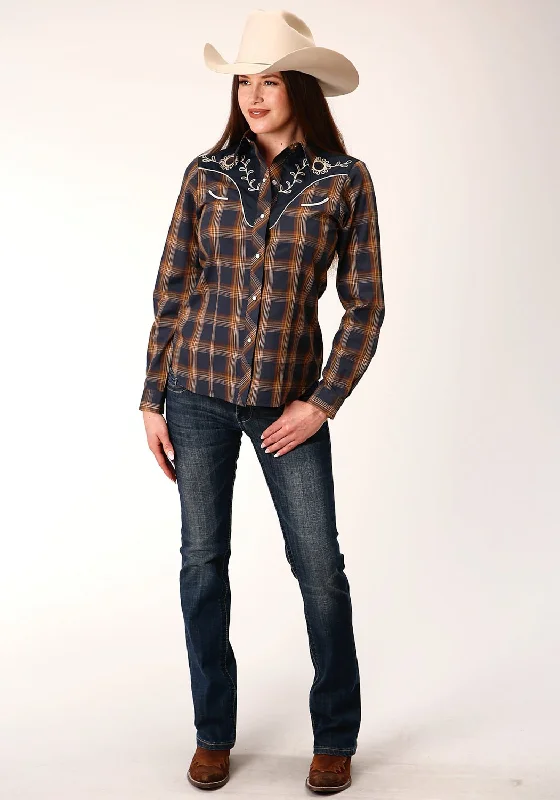 Roper Womens 822 Plaid Navy/Brown Cotton Blend L/S Shirt