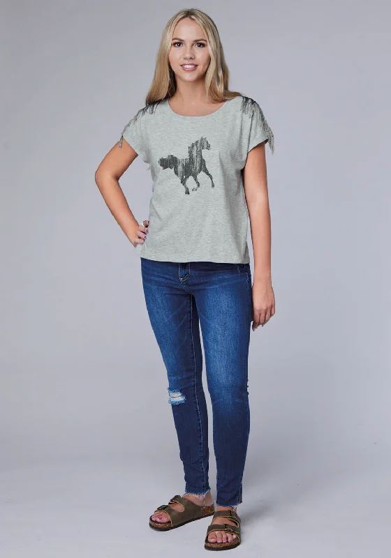 Roper Womens Black Mustang Grey Cotton Blend S/S T-Shirt