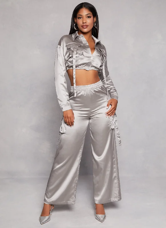 Satin Tabbed Cargo Pocket Crop Top