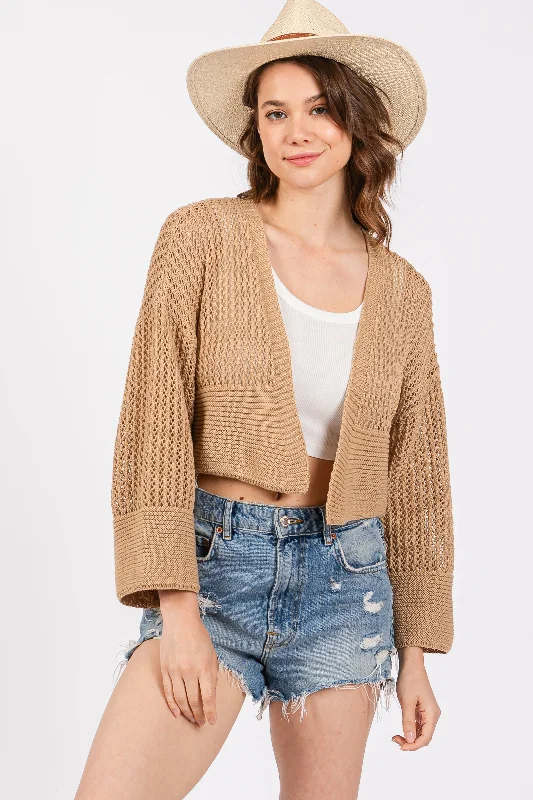 Taupe Open Knit Cropped Cardigan