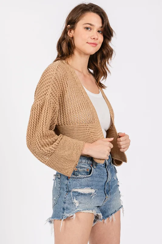 Taupe Open Knit Cropped Cardigan