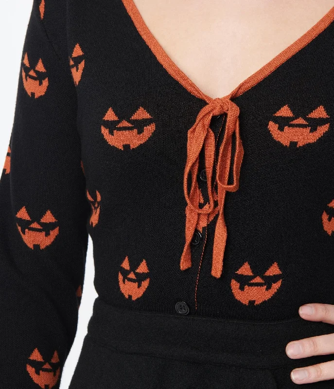 Unique Vintage Black & Orange Pumpkin Crop Cardigan