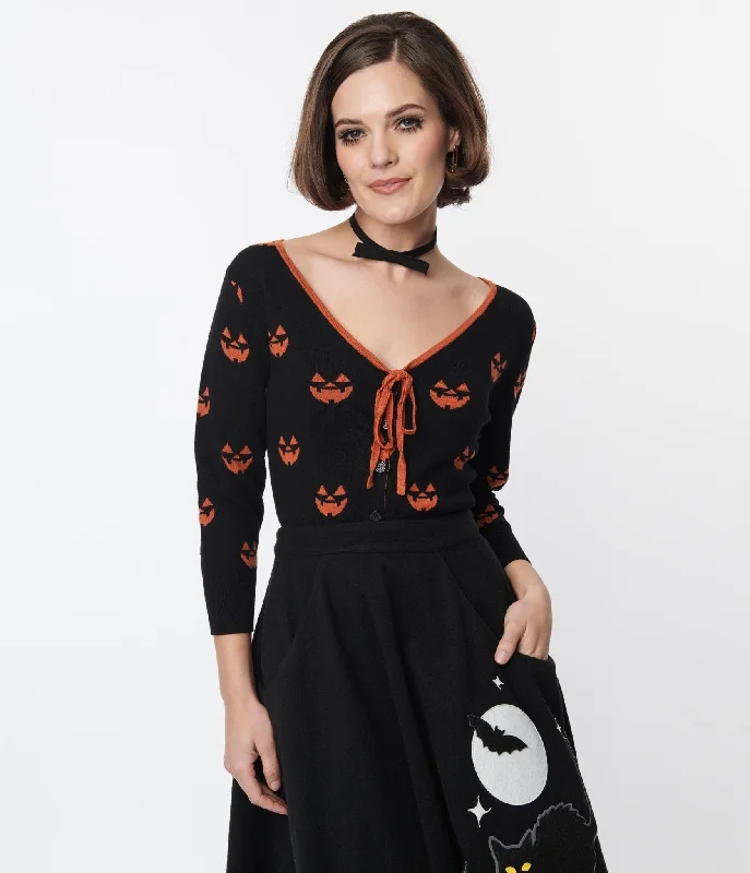 Unique Vintage Black & Orange Pumpkin Crop Cardigan