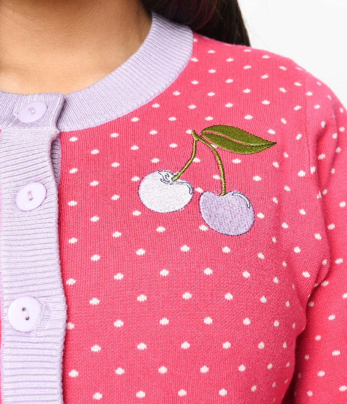 Unique Vintage Hot Pink & Lavender Pin Dot Cherry Cropped Cardigan