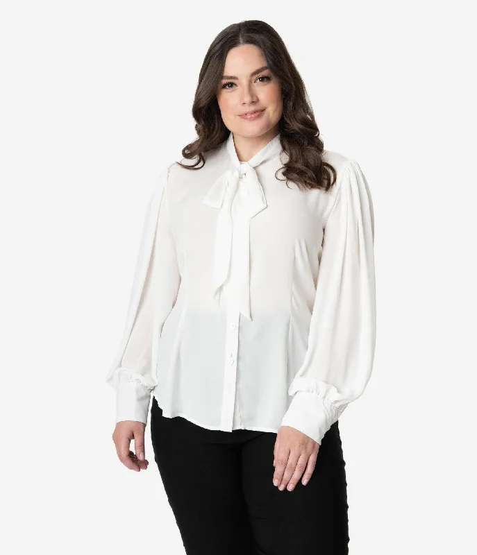 Unique Vintage Plus Size 1940s White Neck Tie Gwen Blouse