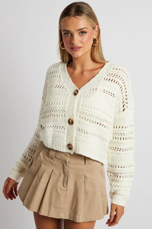 White Crochet Cardigan Long Sleeve V Neck