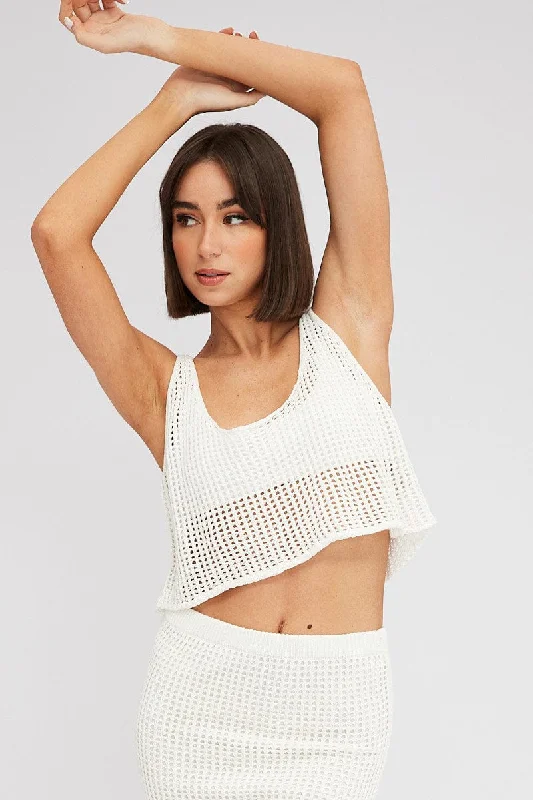 White Crochet Knit Top Scoop Neck