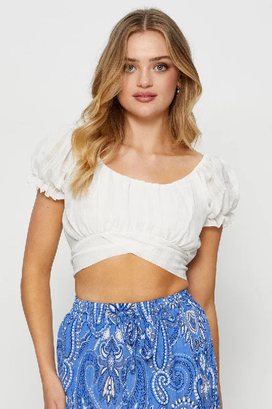 White Crop Top Short Sleeve Tie Up