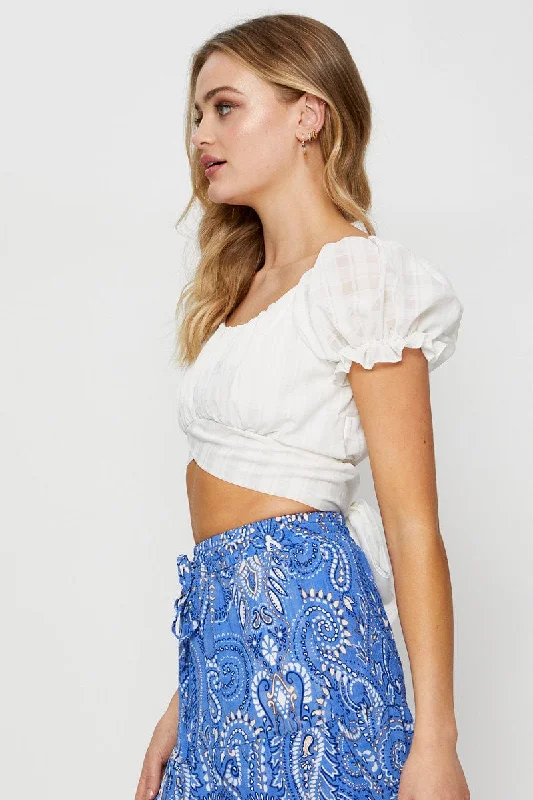 White Crop Top Short Sleeve Tie Up