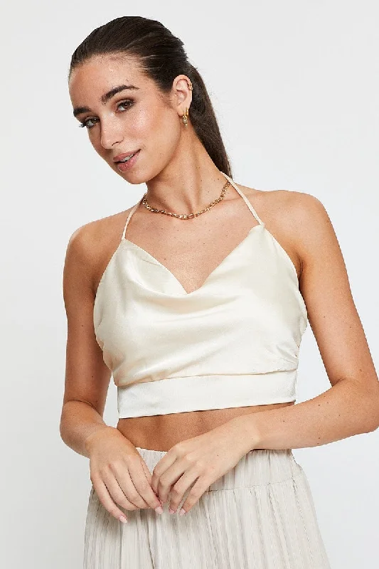 White Crop Top Sleeveless Cowl Neck Satin