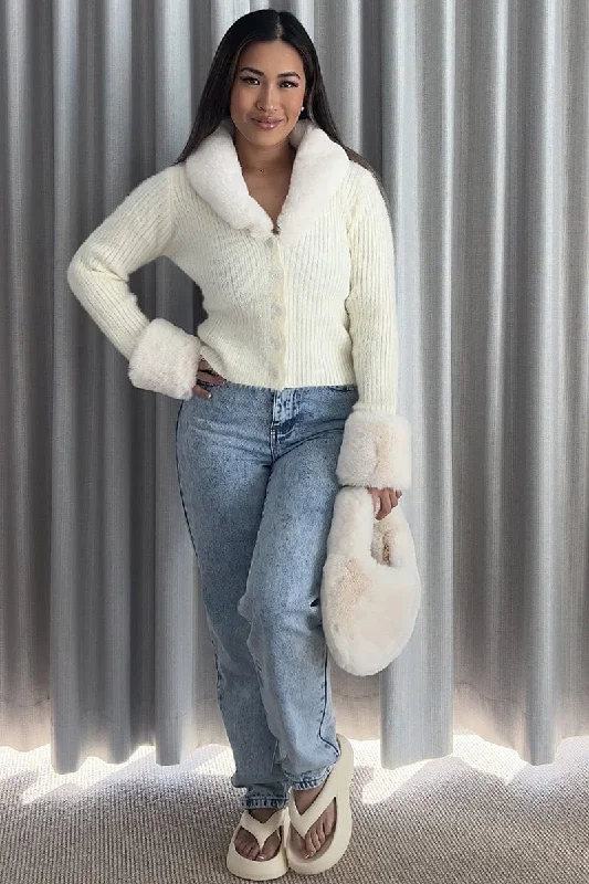 White Knit Cardigan Fur Trim