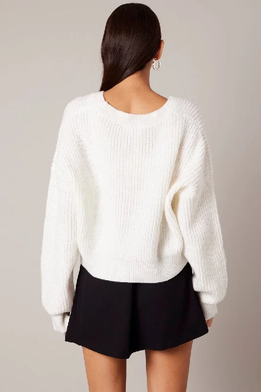 White Knit Cardigan Long Sleeve V Neck Button Up