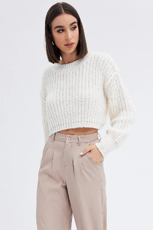 White Knit Top Round Neck Long Sleeve Crop