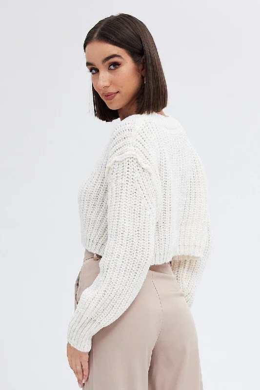 White Knit Top Round Neck Long Sleeve Crop