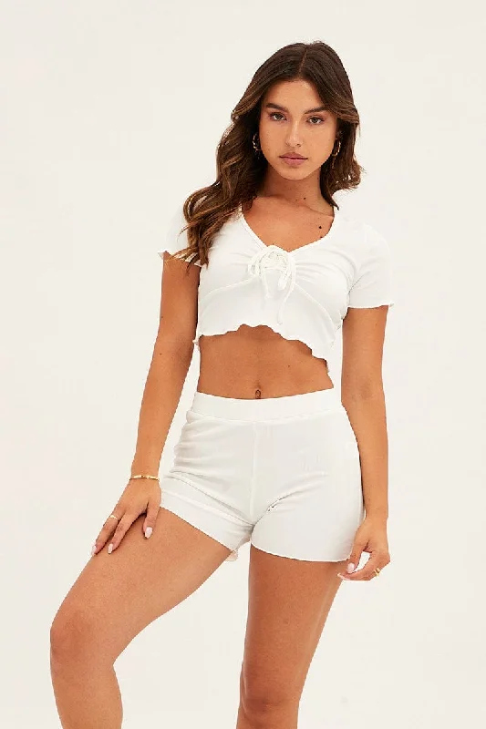 White Ruched Crop Top Loungewear Set