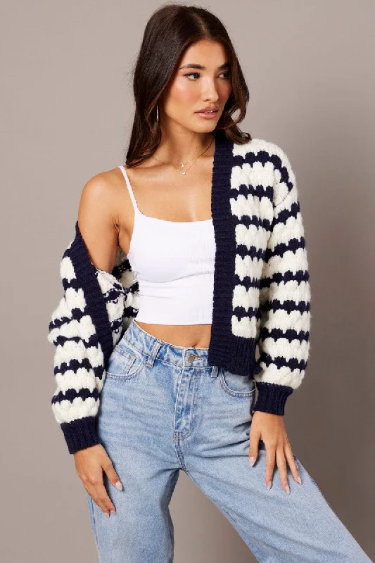 White Stripe Knit Cardigan Long Sleeve Textured