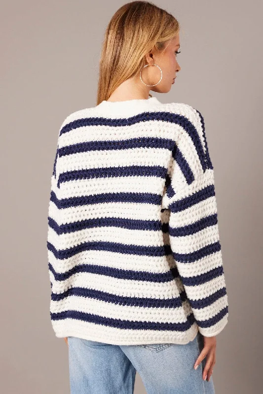 White Stripe Oversized Knit Cardigan Long Sleeve Longline