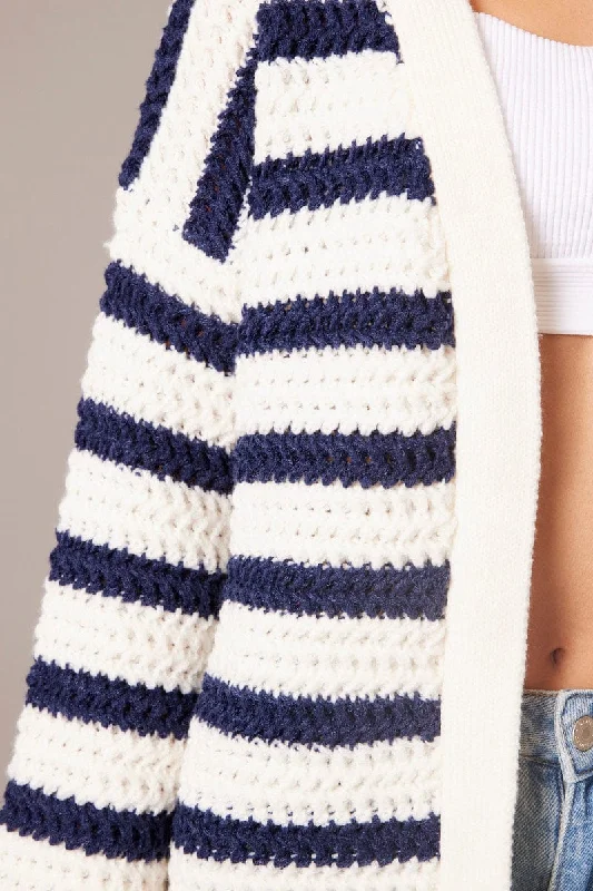 White Stripe Oversized Knit Cardigan Long Sleeve Longline