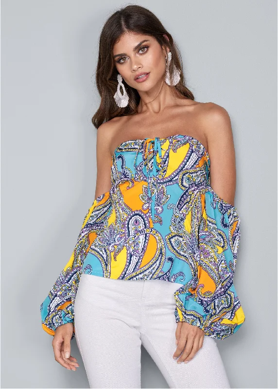 Off-shoulder paisley top - Blue Multi