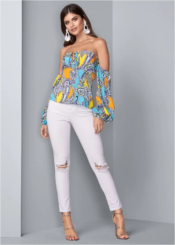 Off-shoulder paisley top - Blue Multi