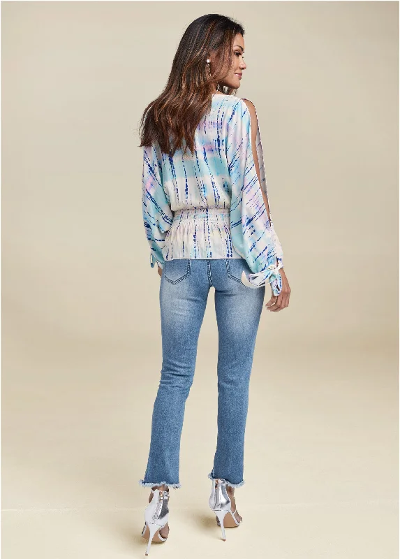 Tie dye cold-shoulder top - Cream Multi