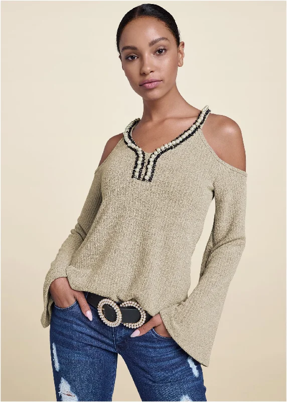 Pearl trim bell sleeve top - Grey