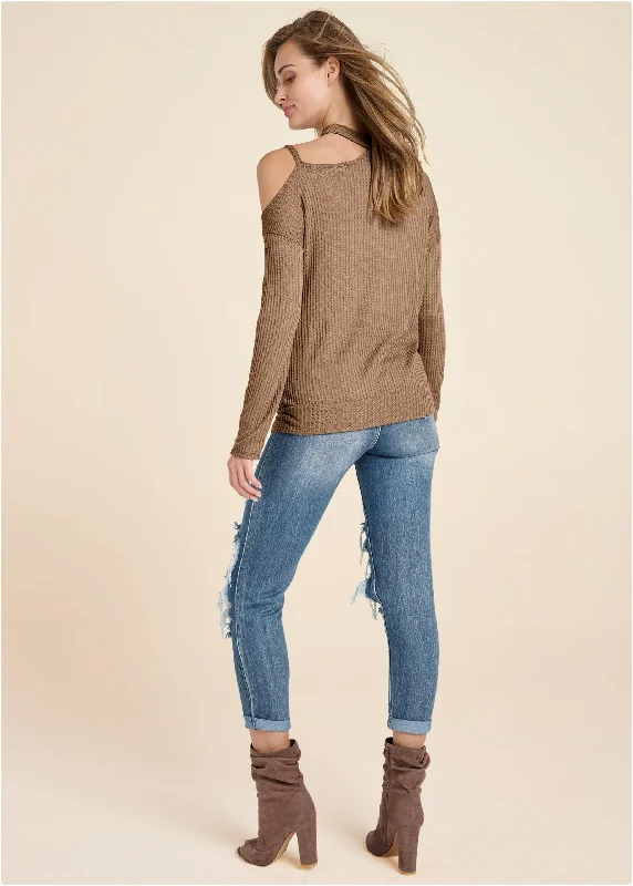 Chain strap waffle knit top - Tan