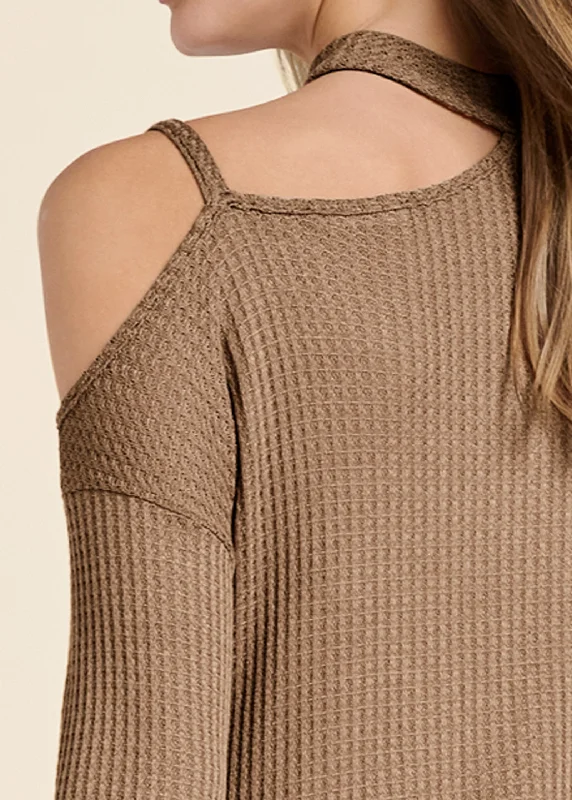 Chain strap waffle knit top - Tan