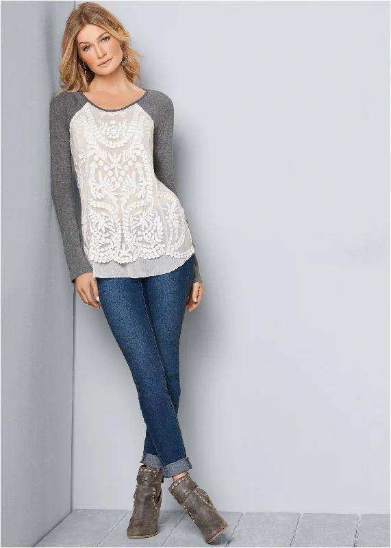 Embroidered layered top - Charcoal Heather Grey