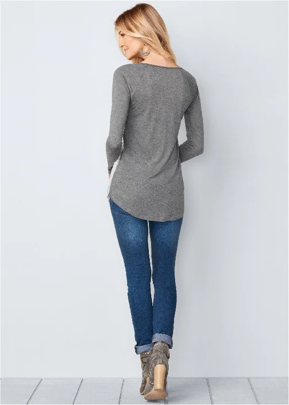 Embroidered layered top - Charcoal Heather Grey