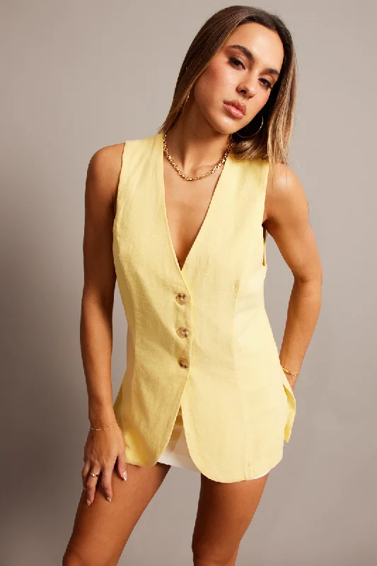 Yellow Linen Vest Longline V Neck