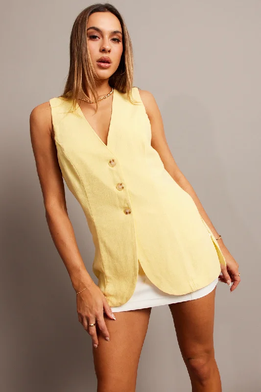 Yellow Linen Vest Longline V Neck