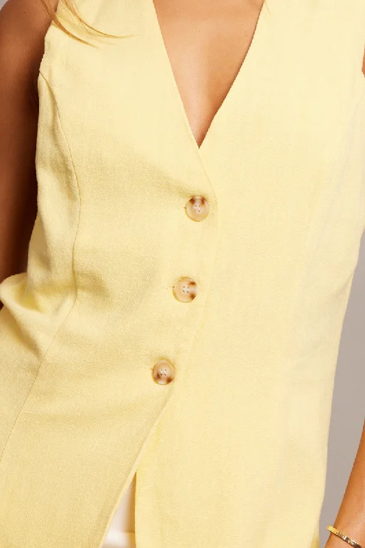 Yellow Linen Vest Longline V Neck