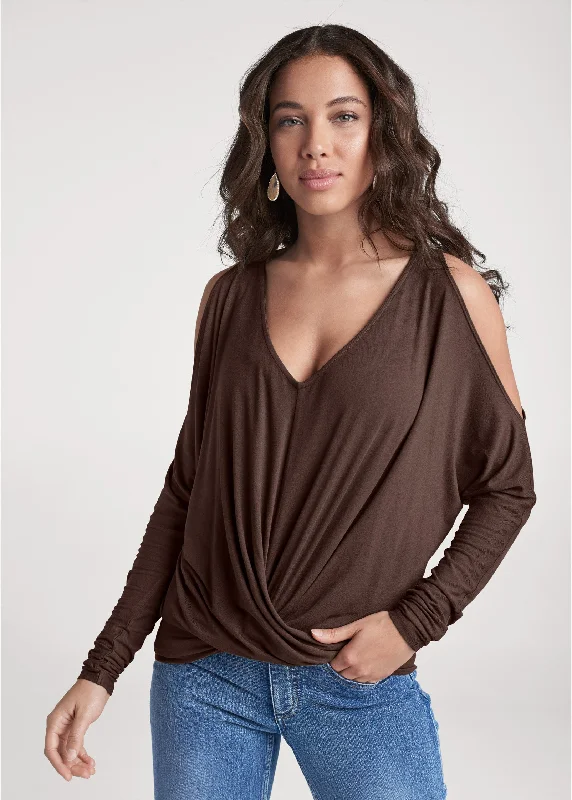 Cold-shoulder surplice top - Dark Brown