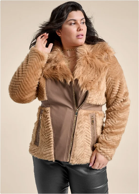 Faux-fur chevron jacket - Tan