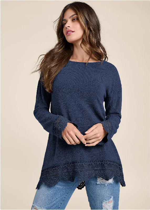 Lace trim cozy knit top - Navy