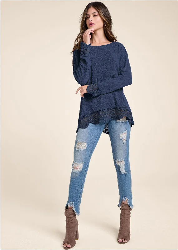 Lace trim cozy knit top - Navy