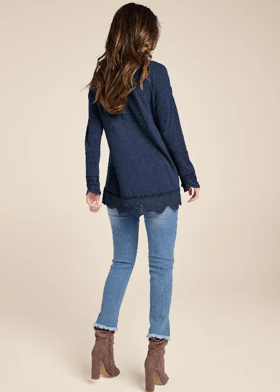 Lace trim cozy knit top - Navy