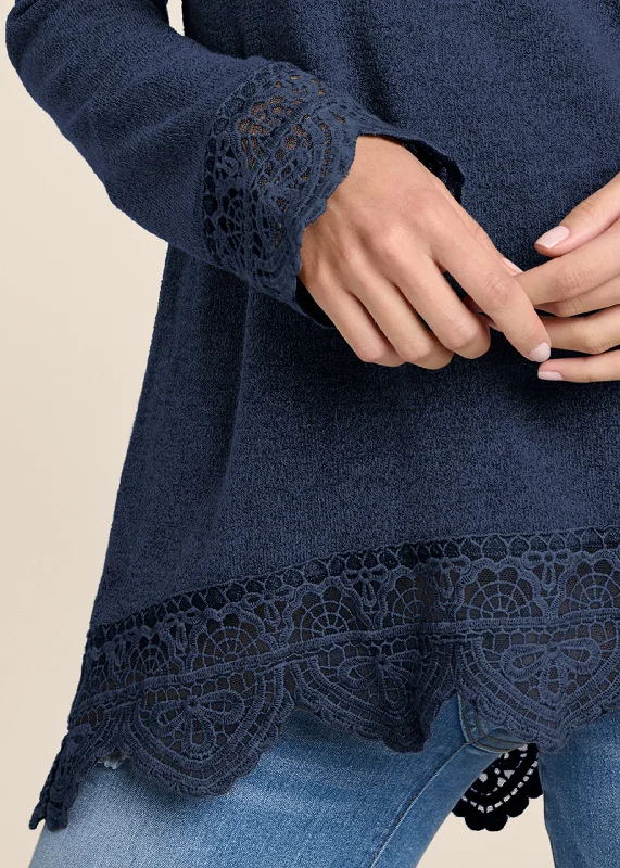 Lace trim cozy knit top - Navy