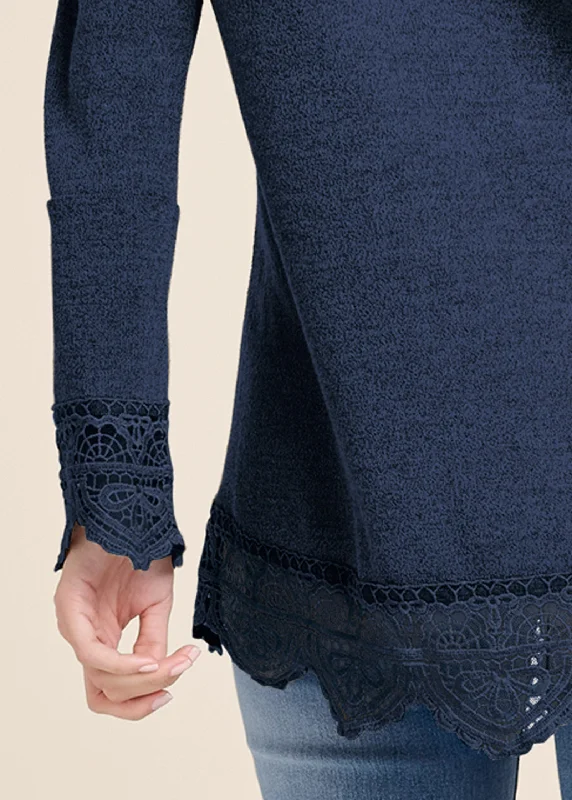 Lace trim cozy knit top - Navy